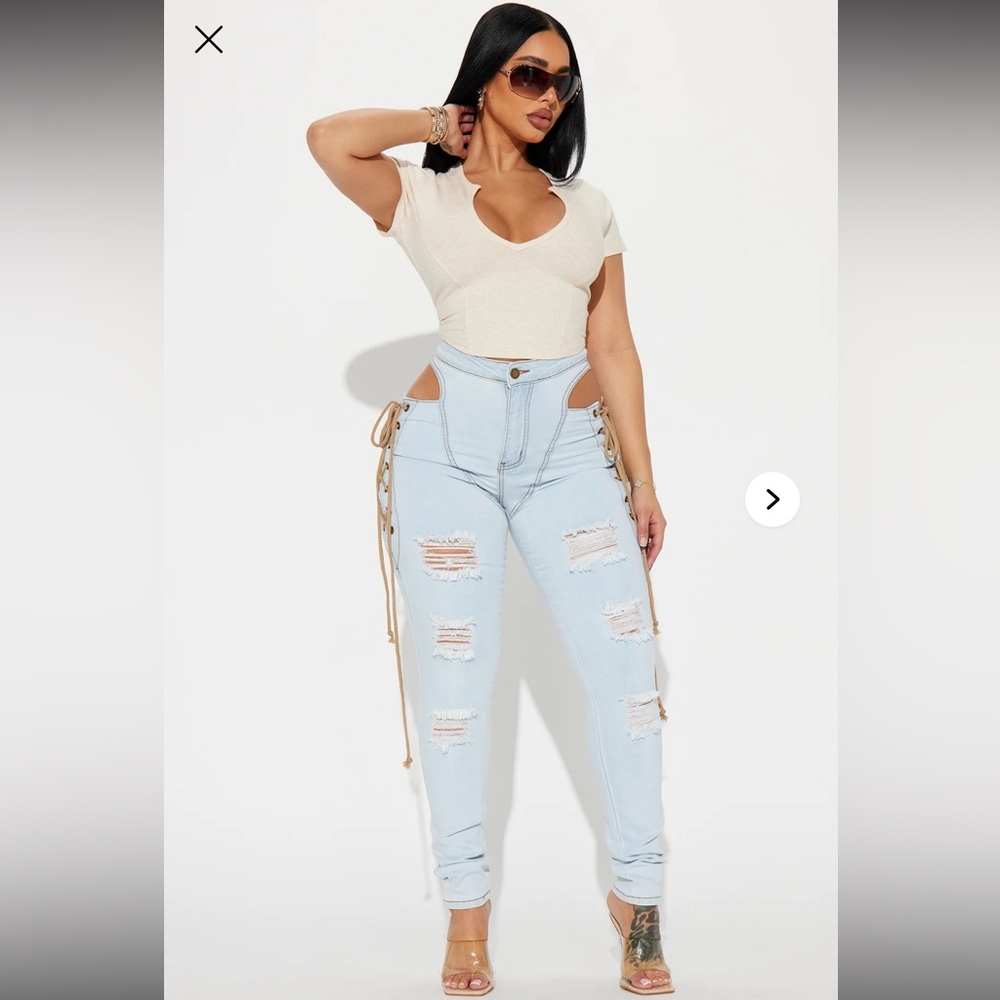 Fashion Nova -Getting Out There Lace Up Skinny Jeans - Light Wash size L - Picture 2 of 9